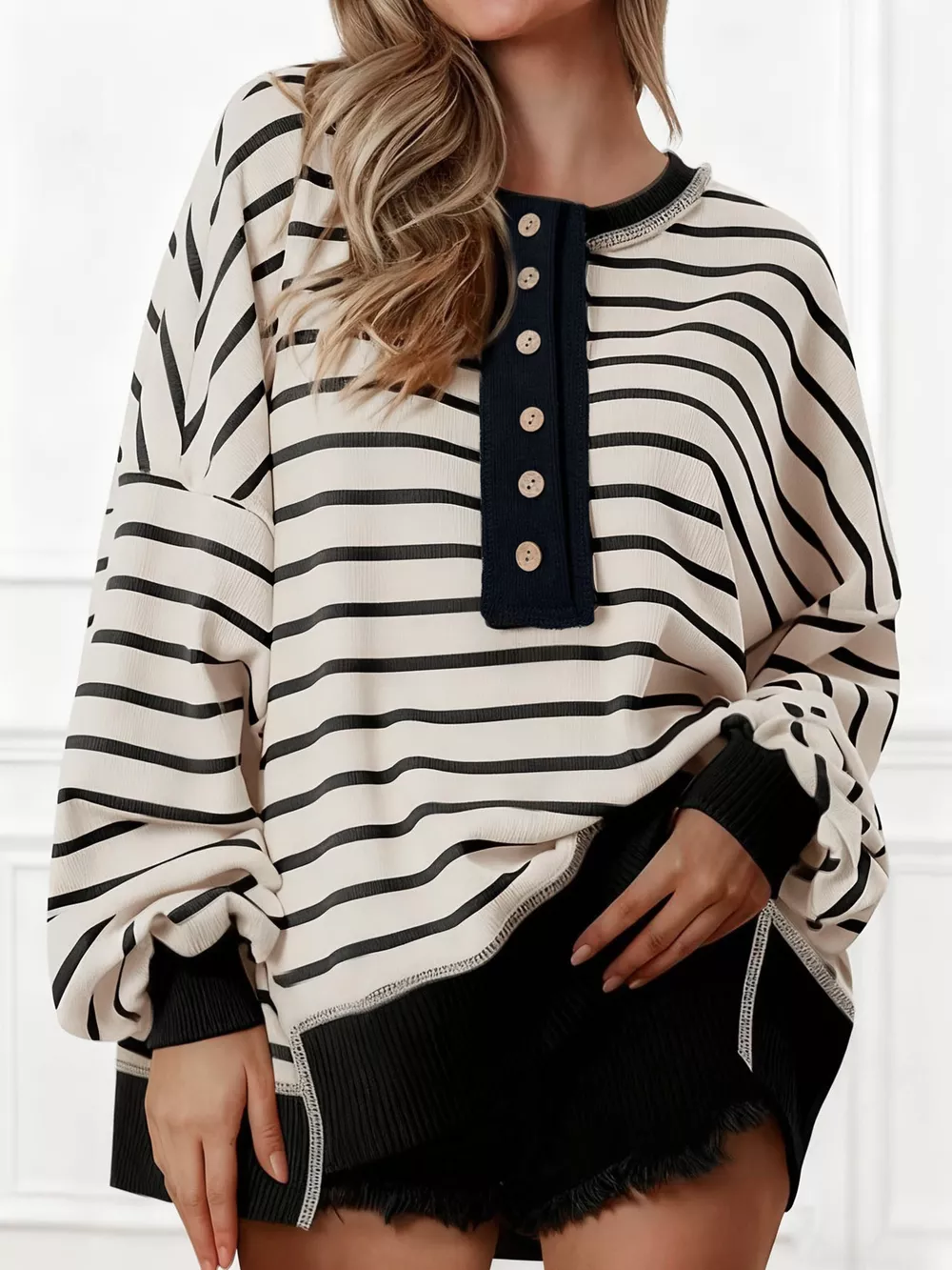 Striped Button Detail Casual Sweatshirt, image 3
