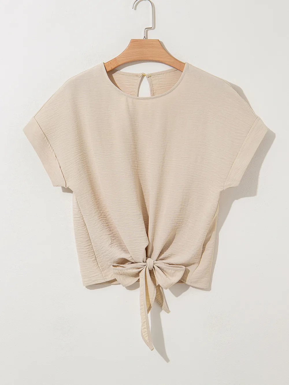 Solid Color Knotted Hem Short Sleeve Blouse, image 7