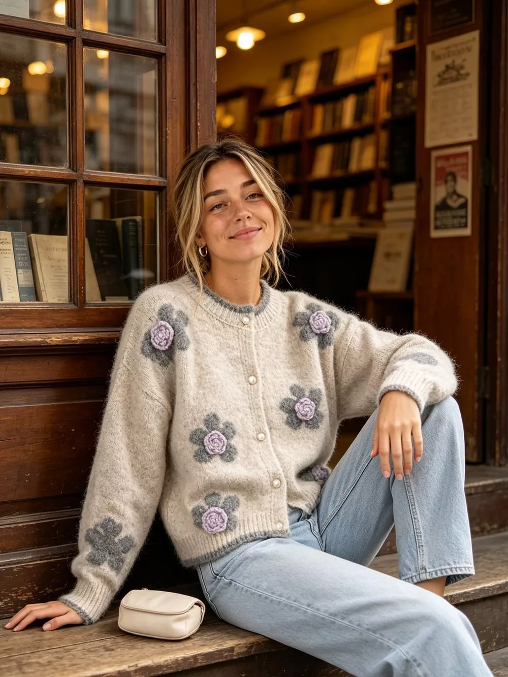 Floral Applique Button-Down Knit Cardigan, image 4