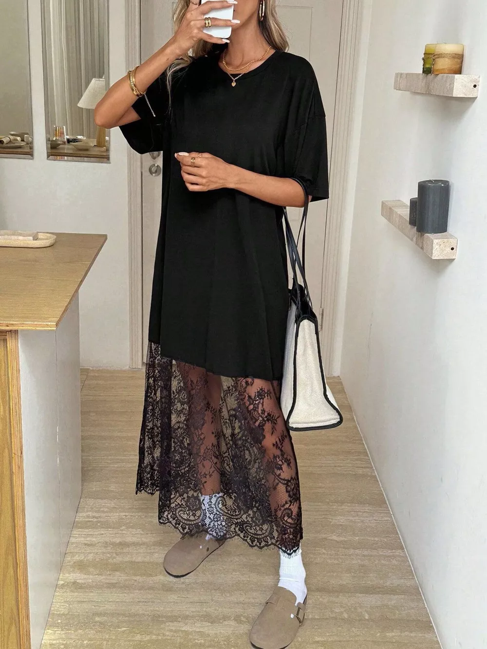 Floral Lace Hem Short Sleeve Tee Dress, image 2