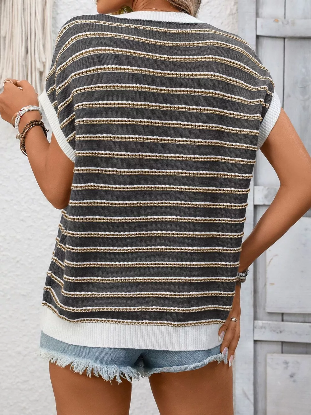 Striped Round Neck Short Sleeve Sweater, image 14