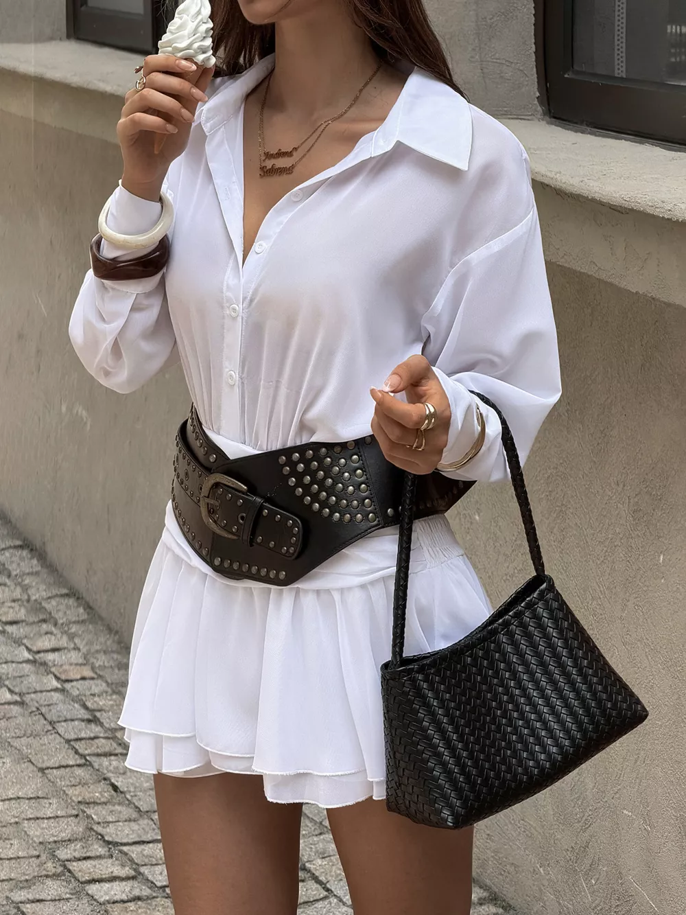 Ruched Waist Layered Ruffle Hem Shirt Dress, image 4