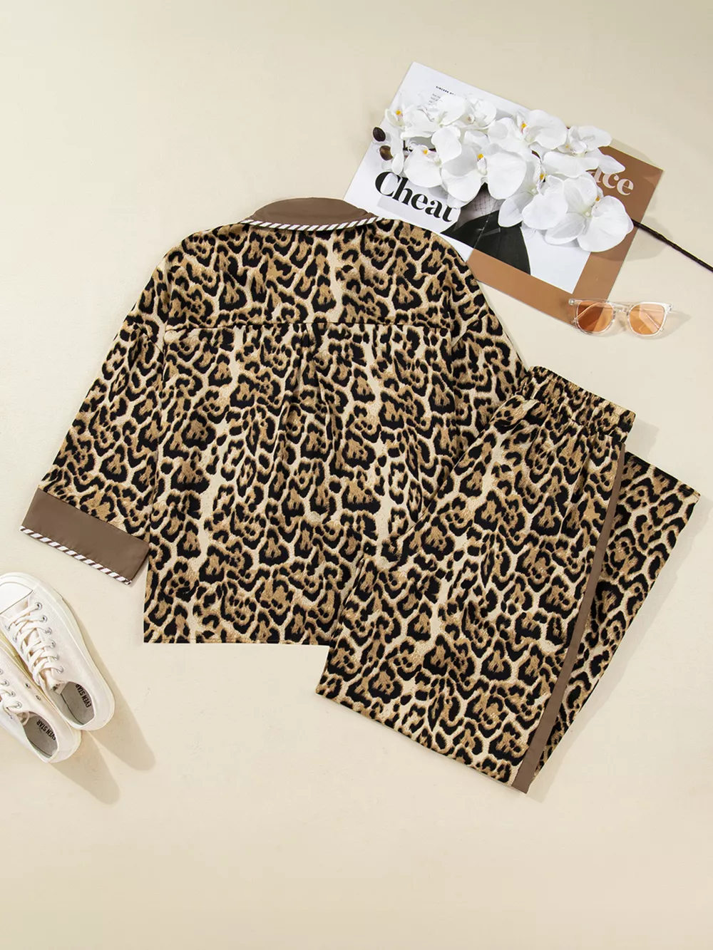 Leopard Collared 3/4 Sleeve Shirt and Loose Pants Two Piece Outfit Set, image 10