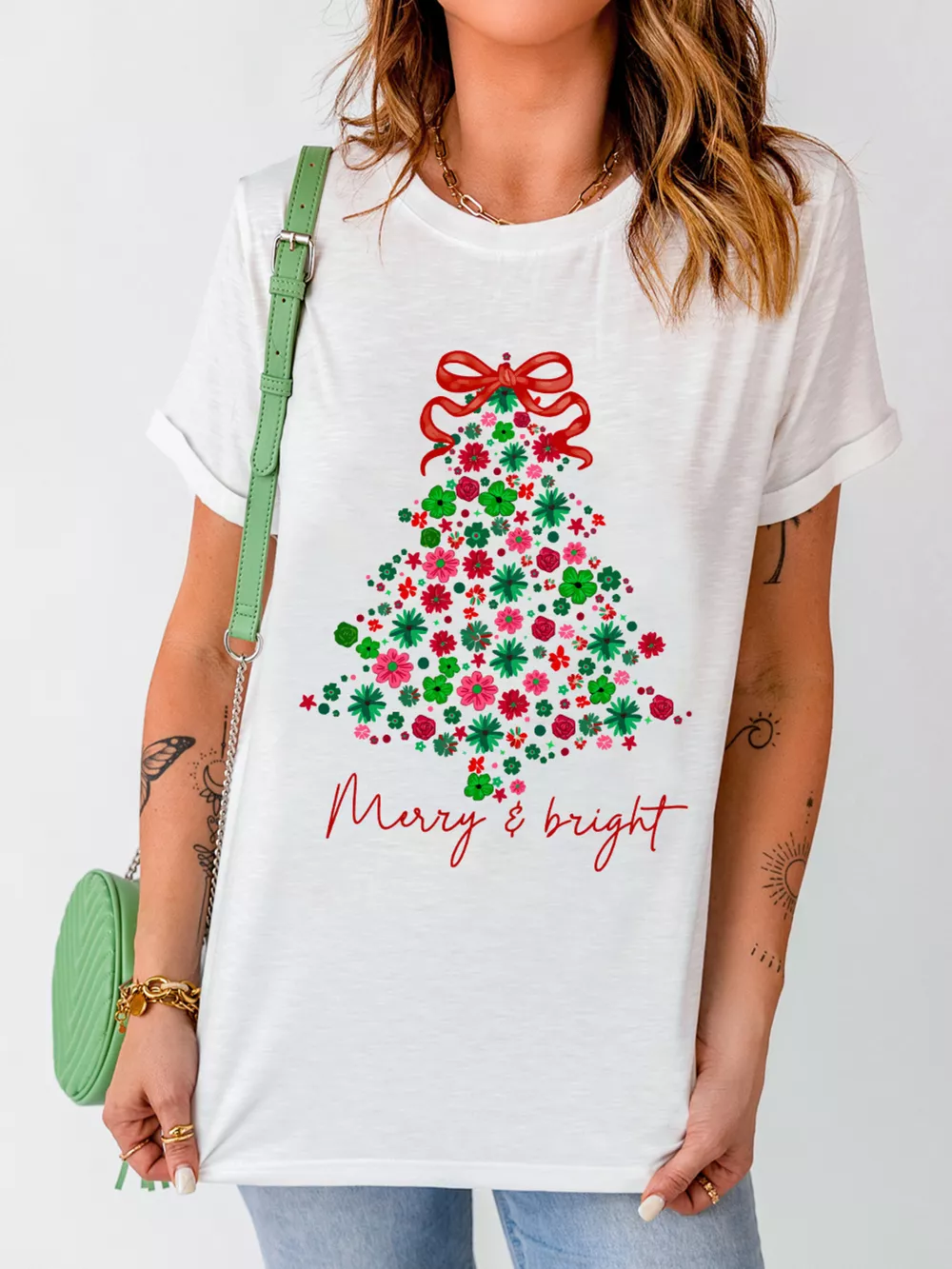 Merry & Bright Floral Christmas Tree Graphic T Shirt, image 3