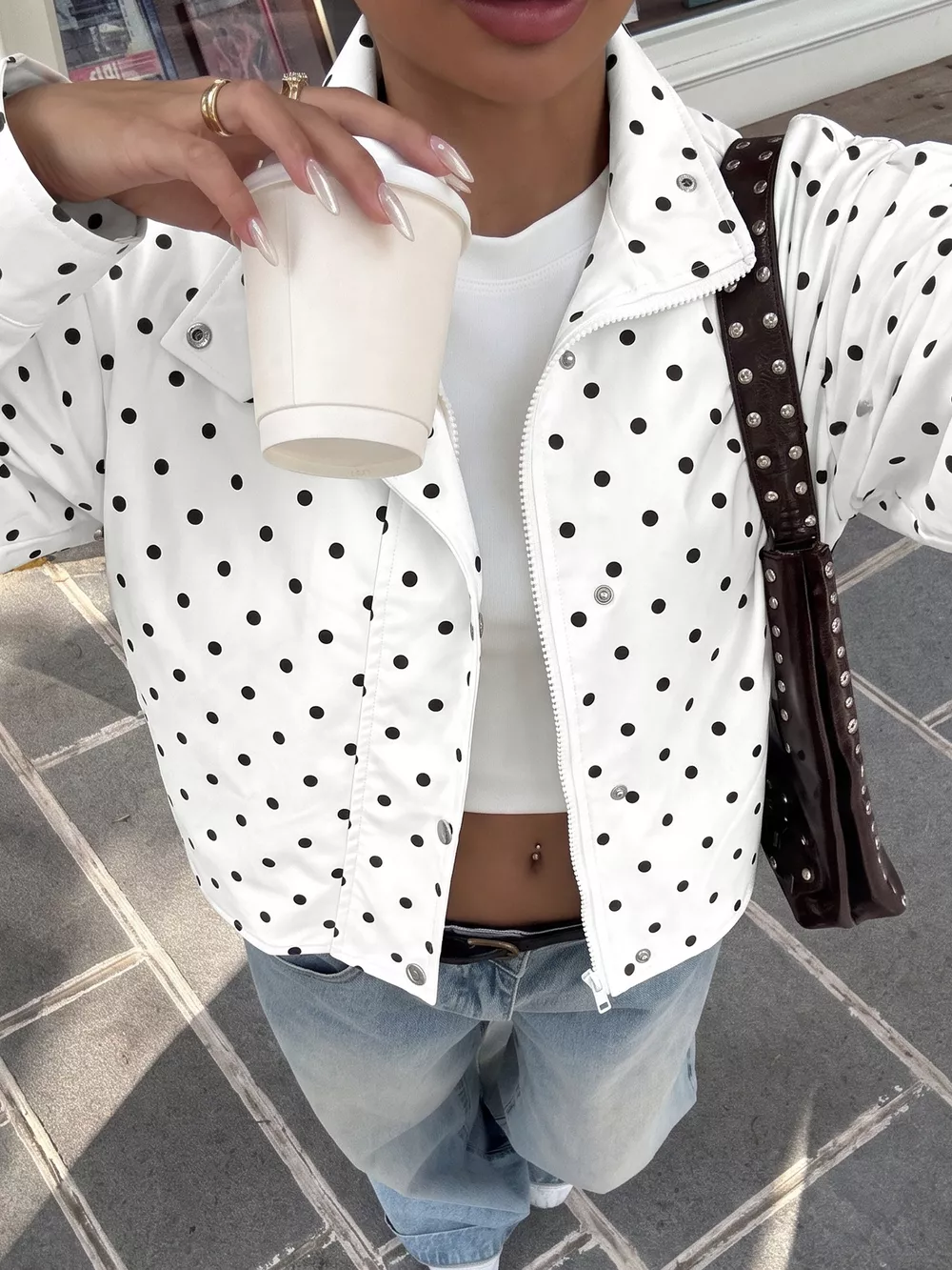 Polka Dot Zip Up Cropped Jacket, image 2
