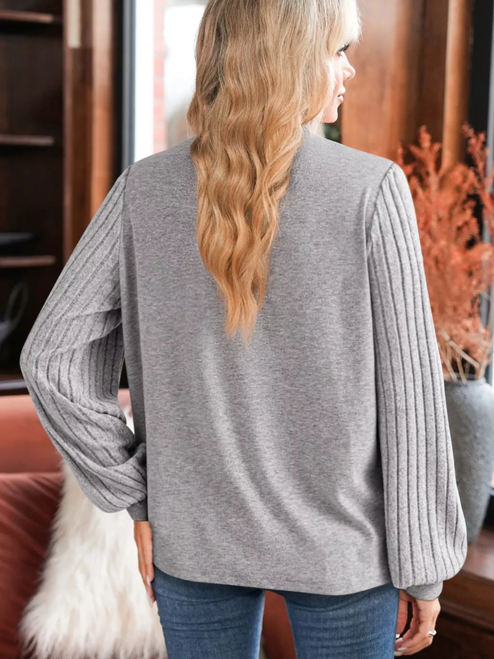 Hollowed Lace Ribbed Knit Long Sleeve Patchwork Top, image 6