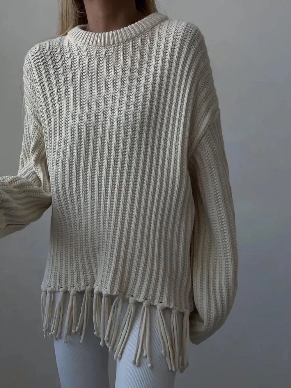 Fringe Round Neck Long Sleeve Sweater, image 10