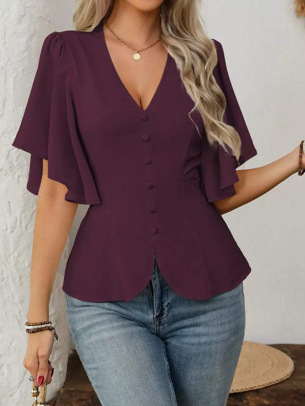 V-Neck Flutter Sleeve Blouse, image 21
