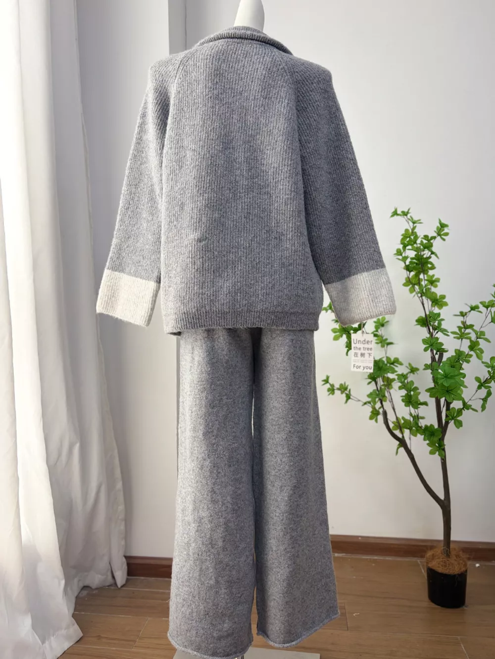 Zip-Up Contrast Cuff Cardigan and Pants Sweater Set, image 18