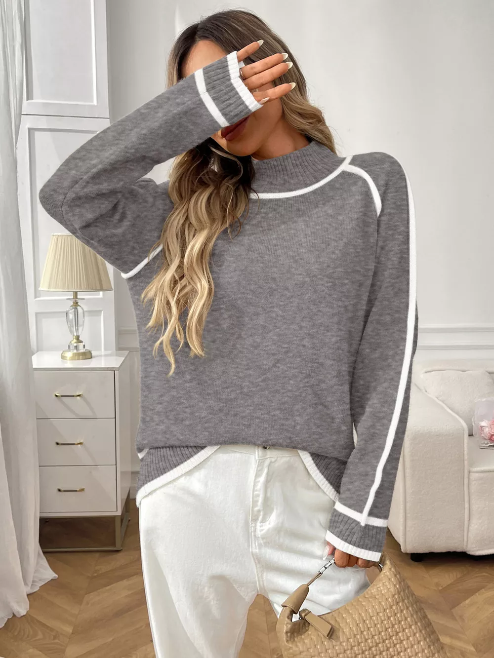 Contrast Trim Turtleneck Long Sleeve Sweater, image 9