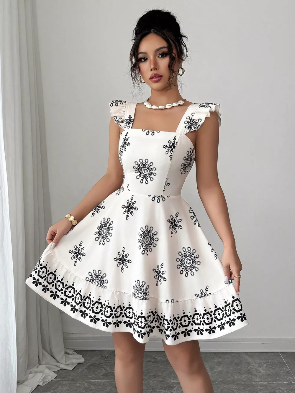 Printed Bow Back Square Neck Mini Dress, image 3