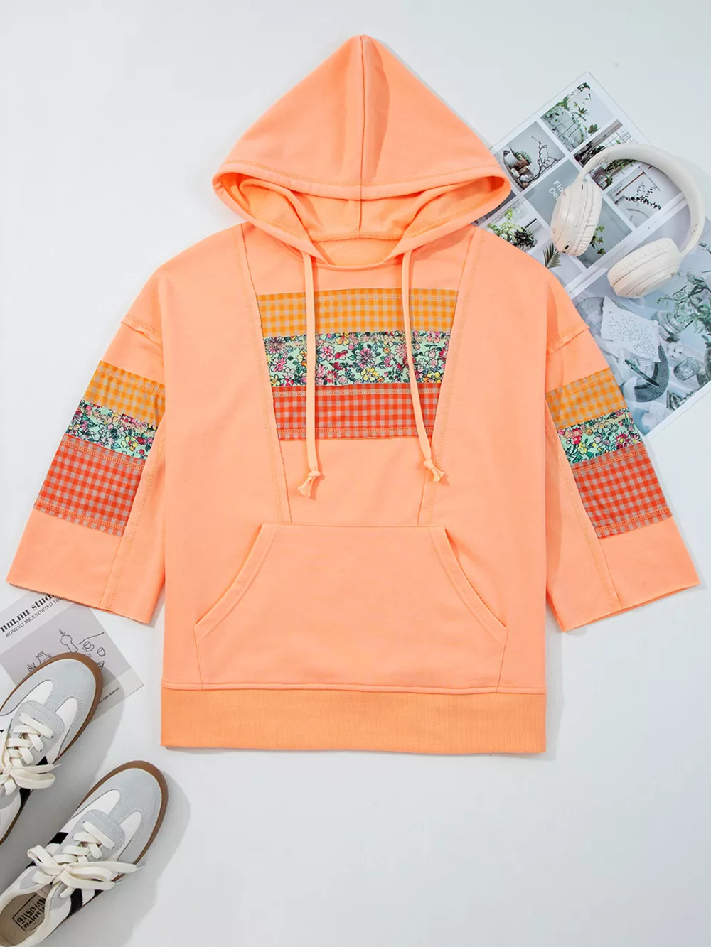 Plaid Floral Patchwork Kangaroo Pocket Hoodie, image 7