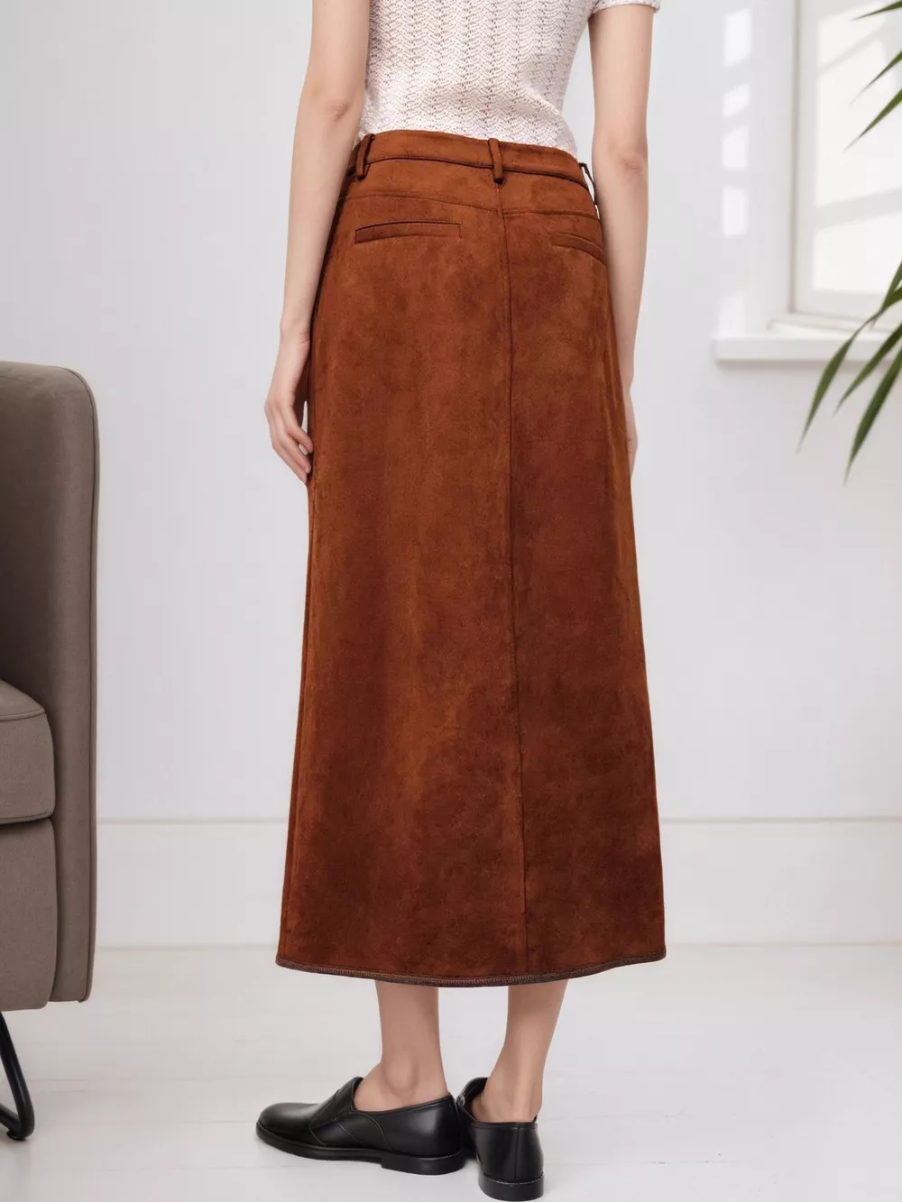 High-Waisted Button-Front Midi Skirt, image 3