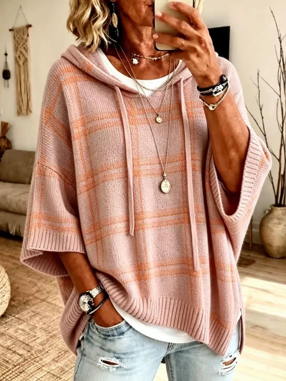 Full Size Drawstring Plaid Hooded Sweater Plus Size, image 11