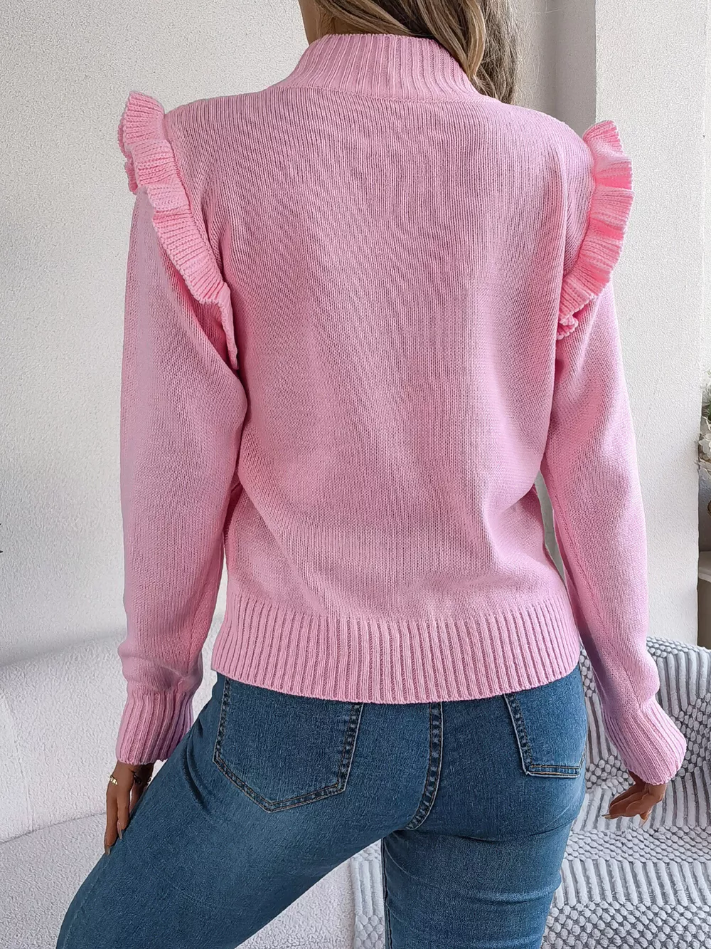 Mock Neck Ruffle Trim Long Sleeve Sweater, image 4