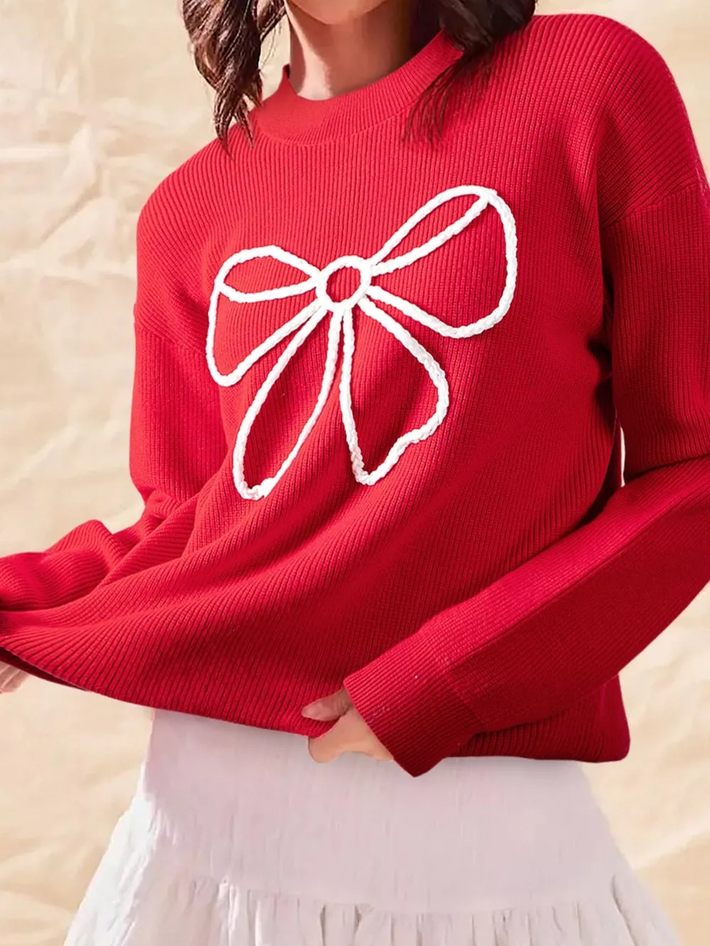Bow-Embellished Ribbed Sweater
