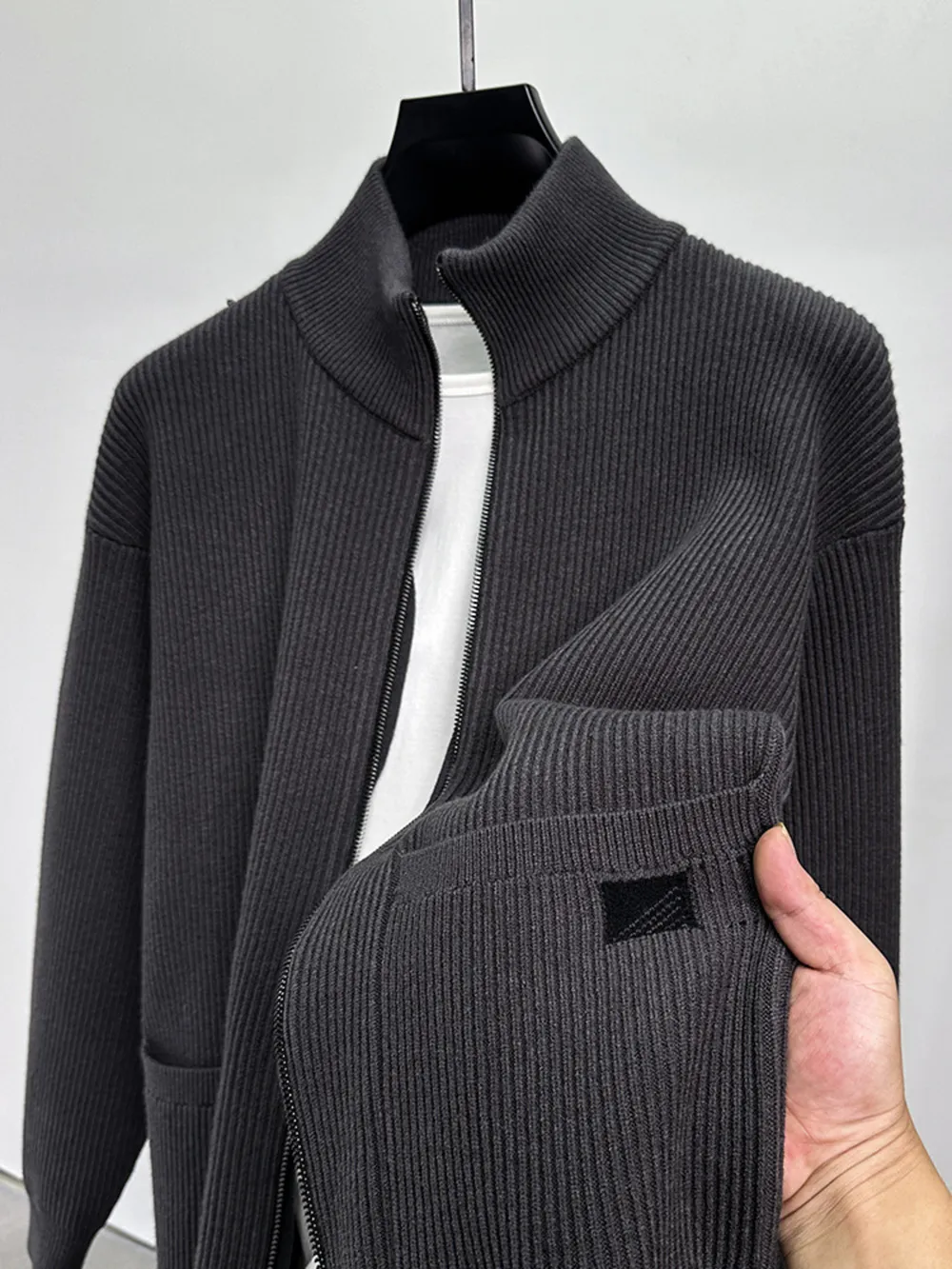 Men's Plus Size Zip-Up Ribbed Knit Cardigan, image 3