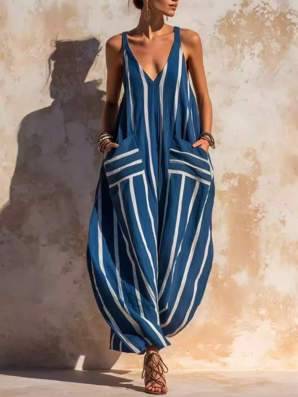 Striped V-Neck Sleeveless Wide-Leg Jumpsuit, image 5