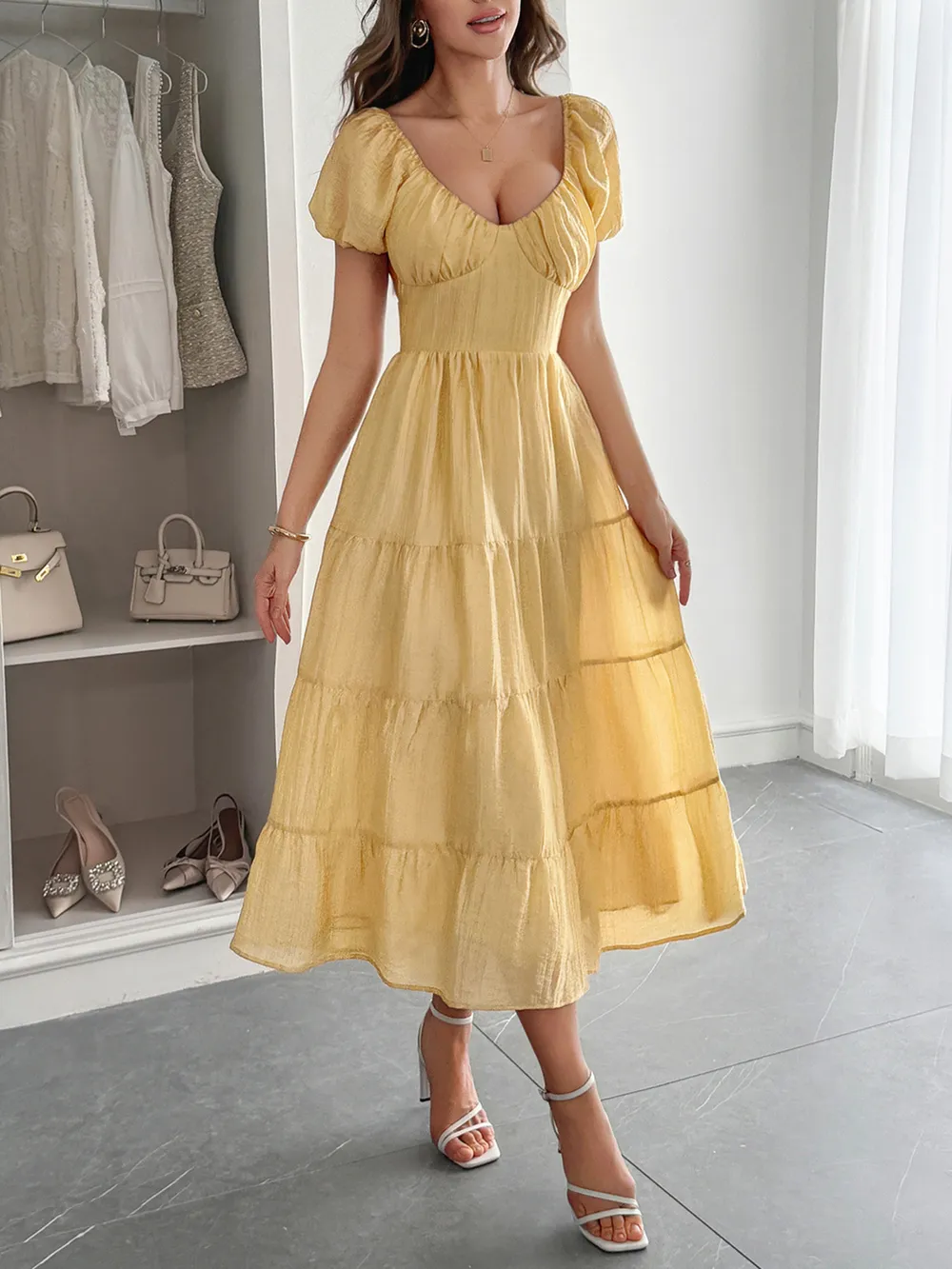 V-Neck Short Sleeve Midi Dress, image 6