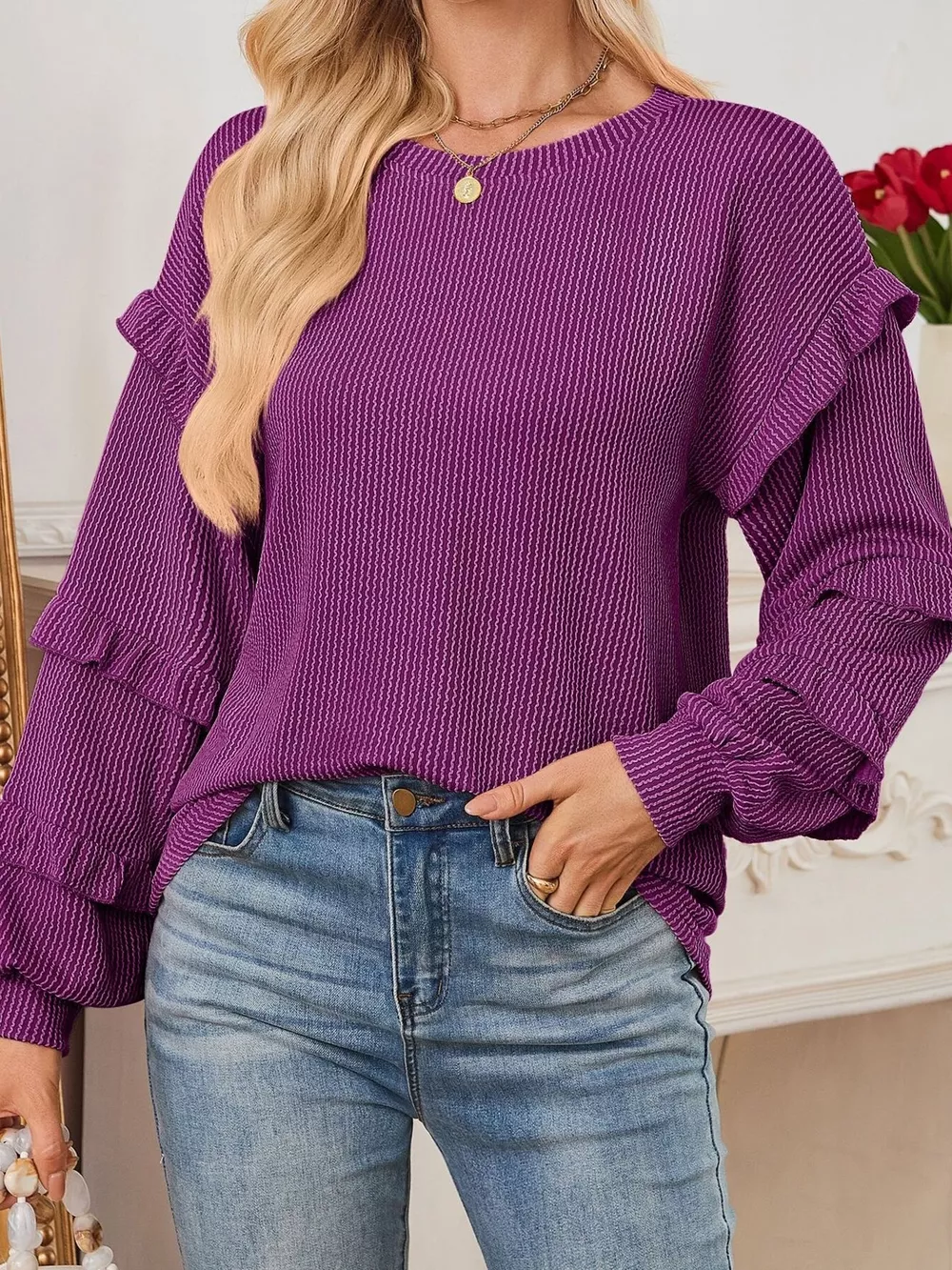 Round Neck Ruffled Long Sleeve Sweatshirt, image 8