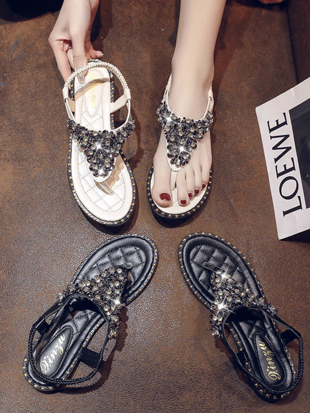 Rhinestone Embellished T-Strap Flat Sandals, image 2