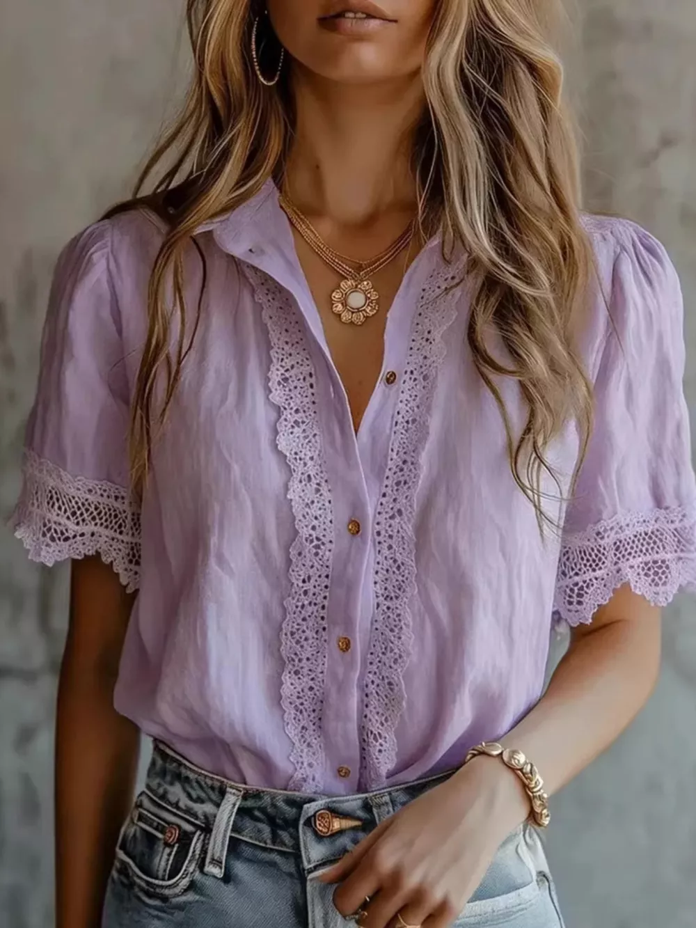 Lace-Trimmed Short Sleeve Button-Down Shirt, image 7