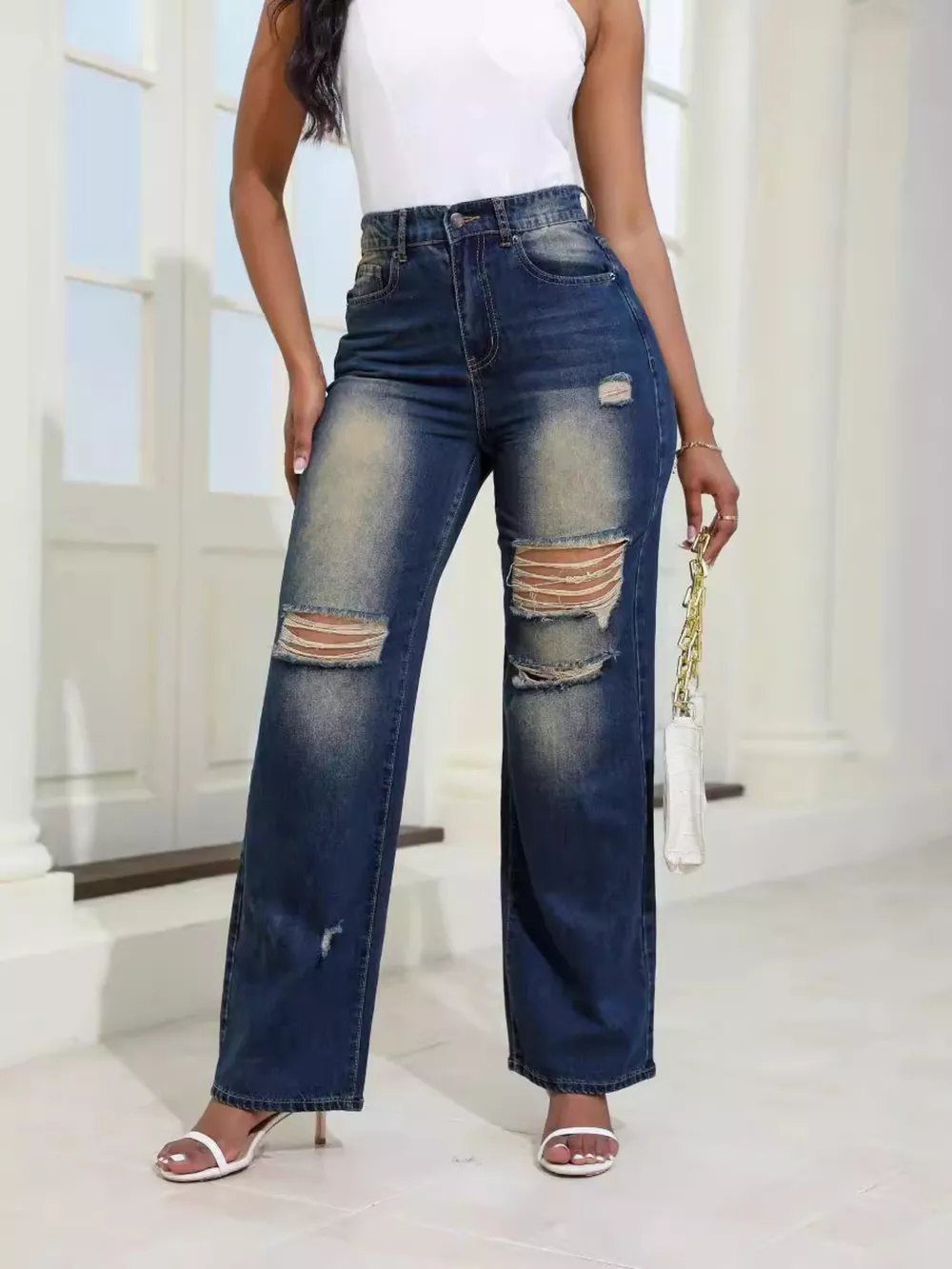 High-Waisted Distressed Wide-Leg Jeans, image 6