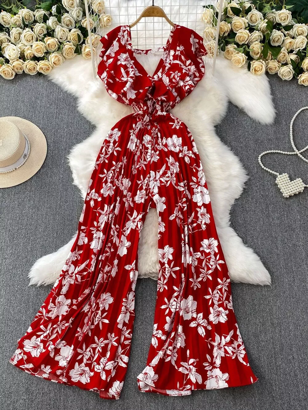 Floral Print Wide Leg Pleated Jumpsuit, image 5