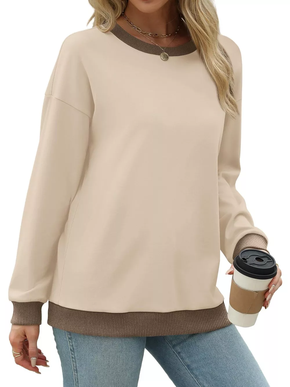 Contrast Trim Crew Neck Casual Sweatshirt, image 17