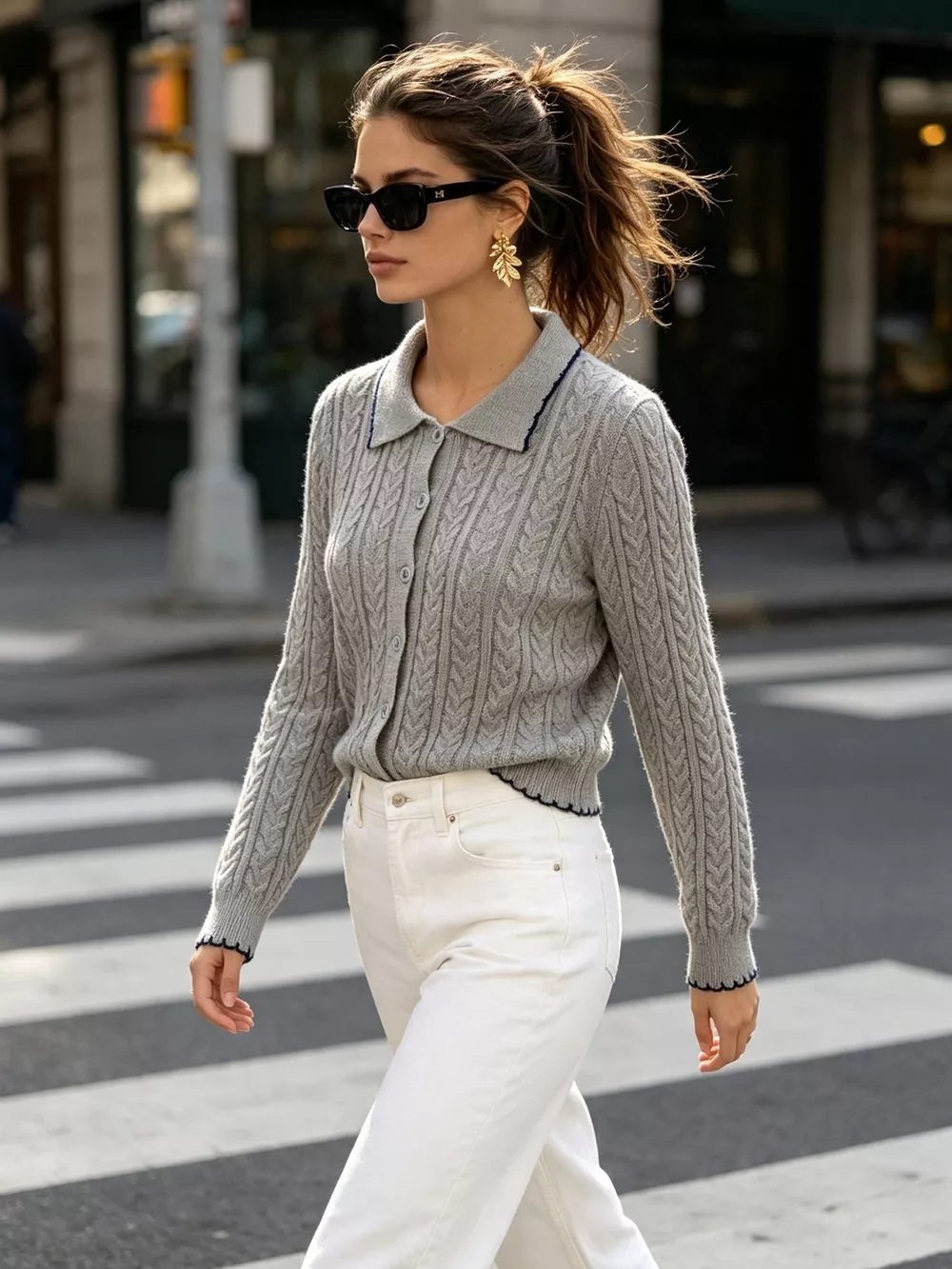Cable Knit Polo Collar Button-Up Cardigan, image 4