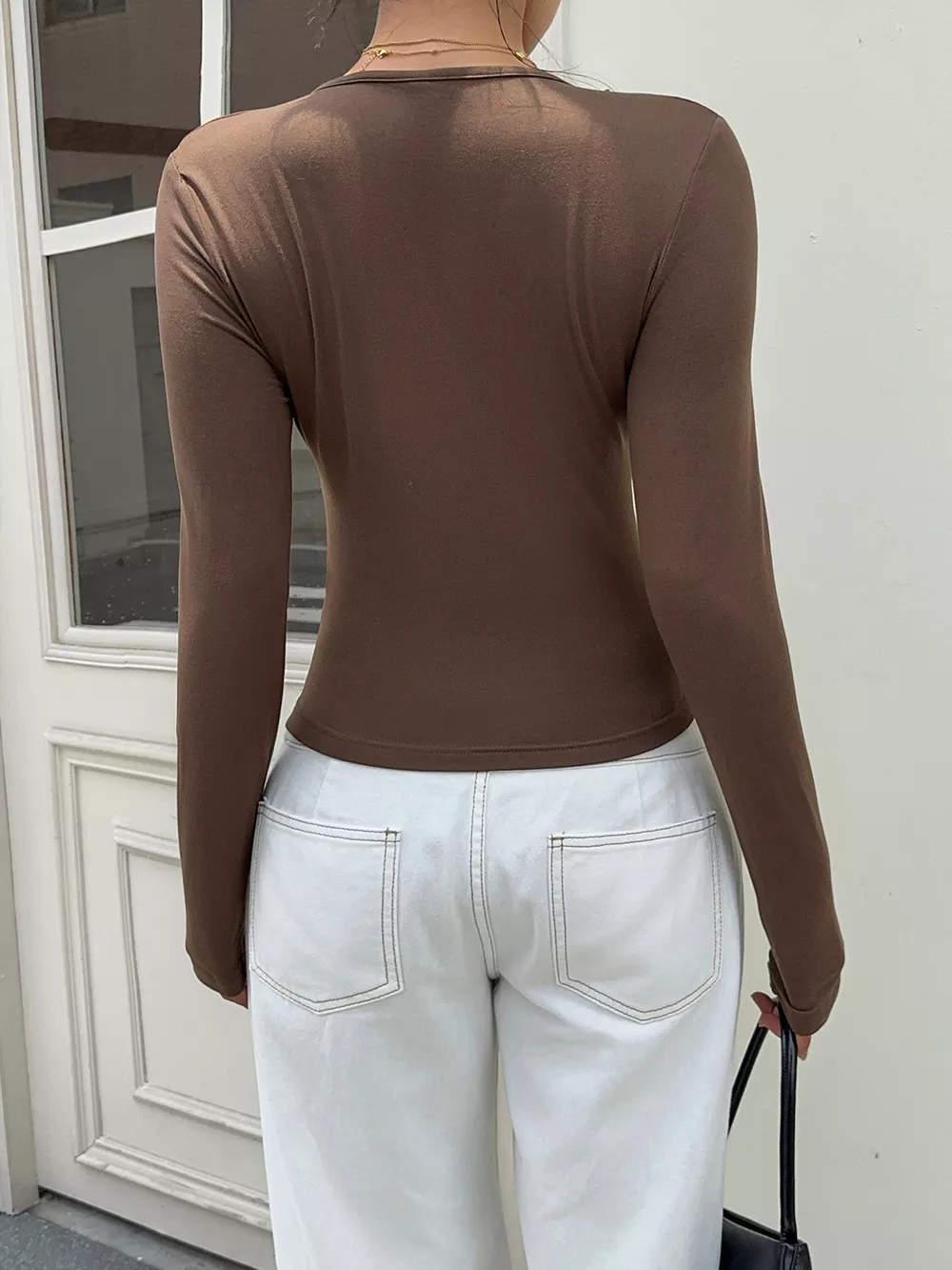 Lace-Trimmed V-Neck Long Sleeve T-Shirt, image 5