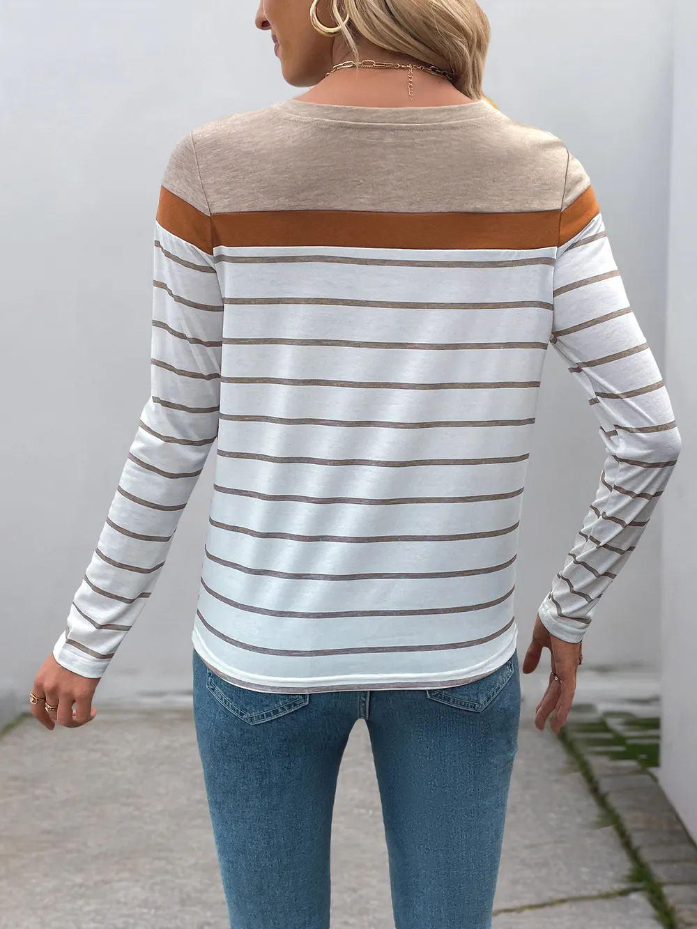 Casual Striped Long Sleeve Color Block T-Shirt, image 6