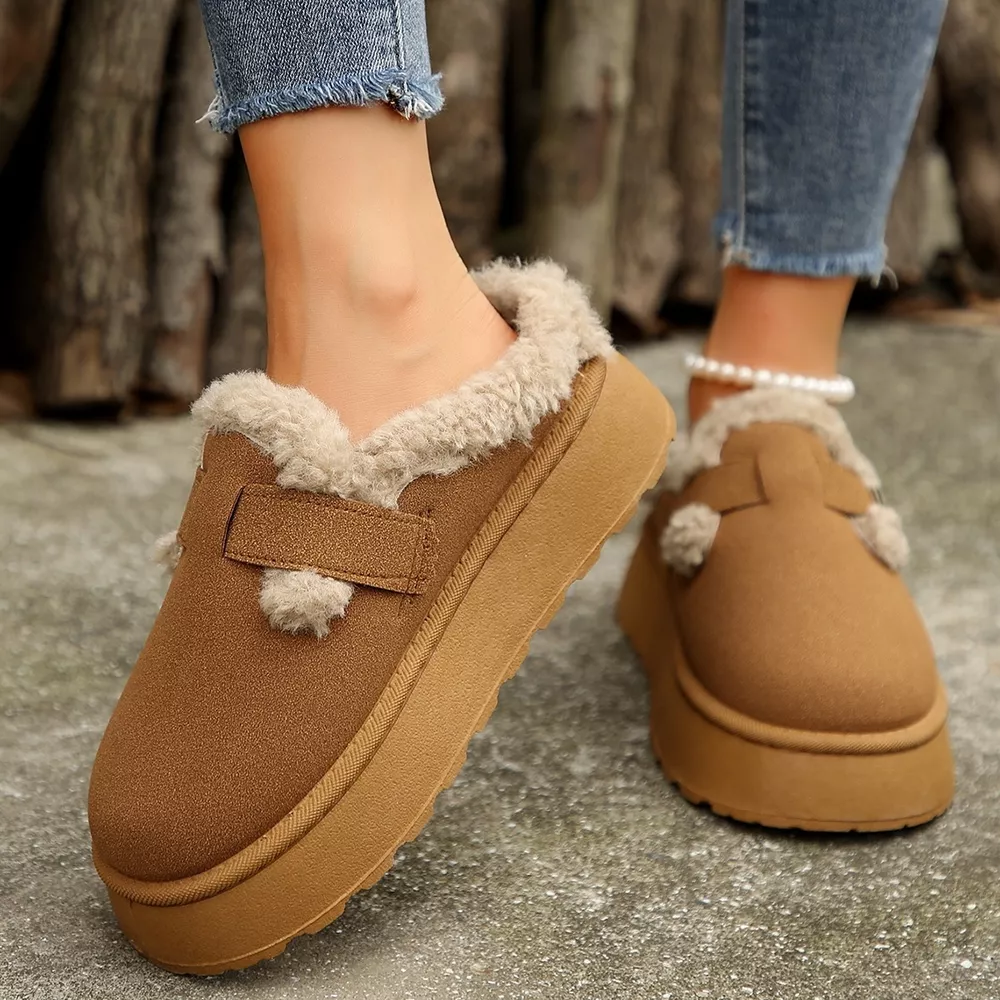 Fuzzy Trim Buckle Platform Slippers, image 6
