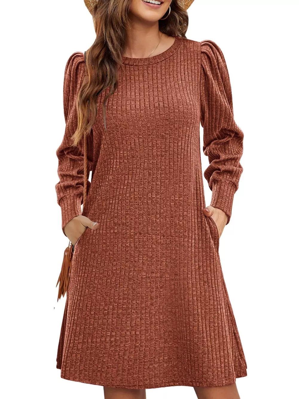 Ribbed Knit Puff Sleeve Casual Mini Dress, image 22