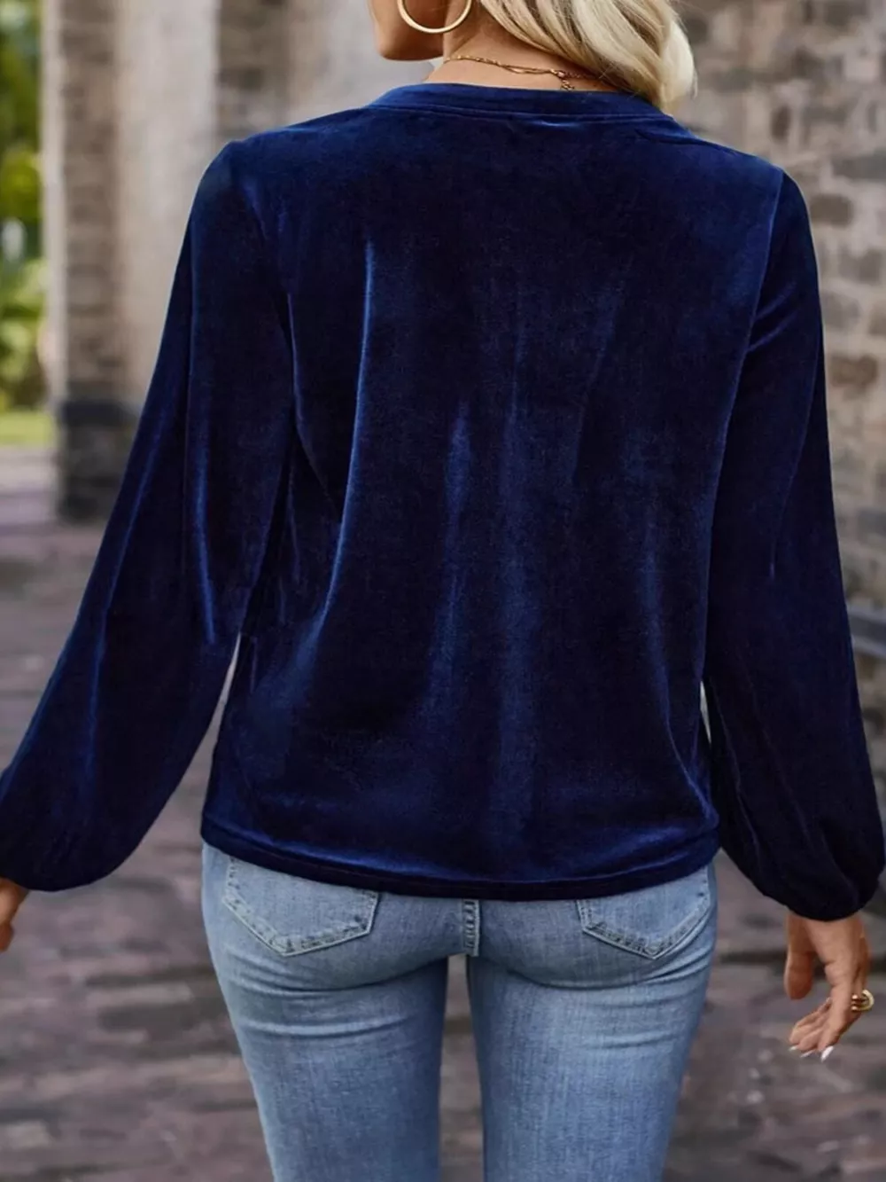 Velvet Notched Long Sleeve Blouse, image 6