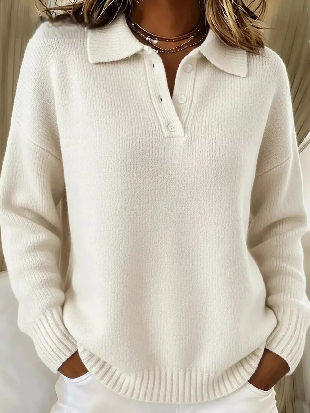 Full Size Half Button Collar Drop Shoulder Sweater Plus Size, image 2