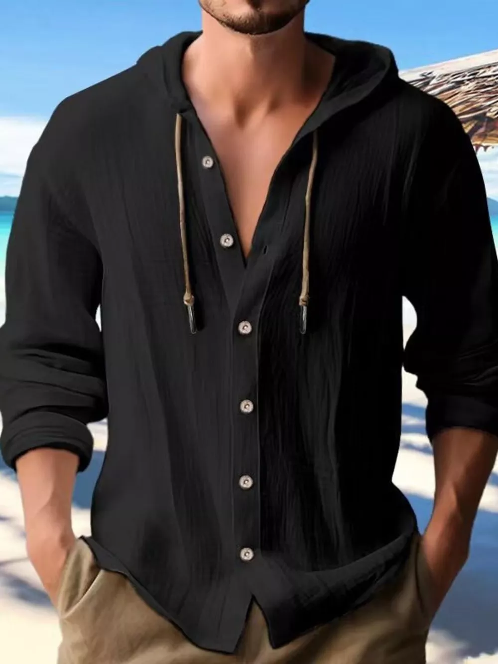 Men's Full Size Casual Button-Down Hooded Top Plus Size, image 3