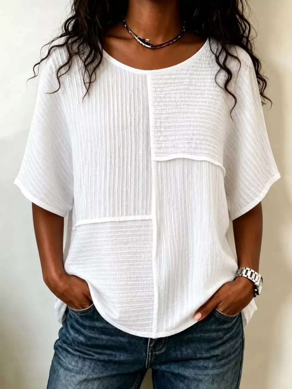 Full Size Texture Round Neck Half Sleeve Blouse Plus Size