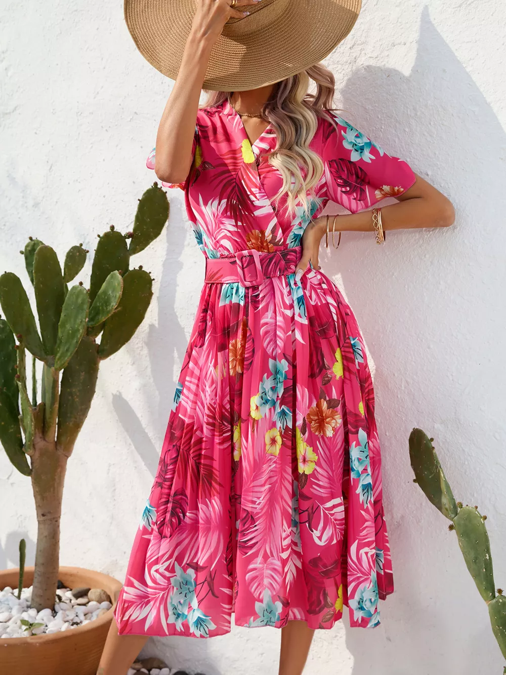 Pleated Tropical Print Belted Midi Dress, image 2