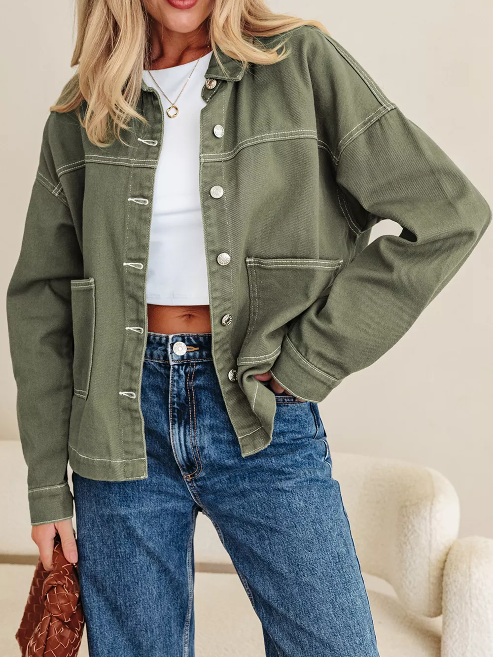 Patched Pocket Collared Button Front Boyfriend Denim Jacket, image 2