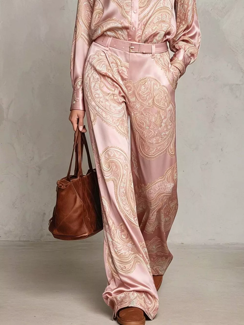 Paisley Print Long Sleeve Shirt and Wide-Leg Pants Set, image 16