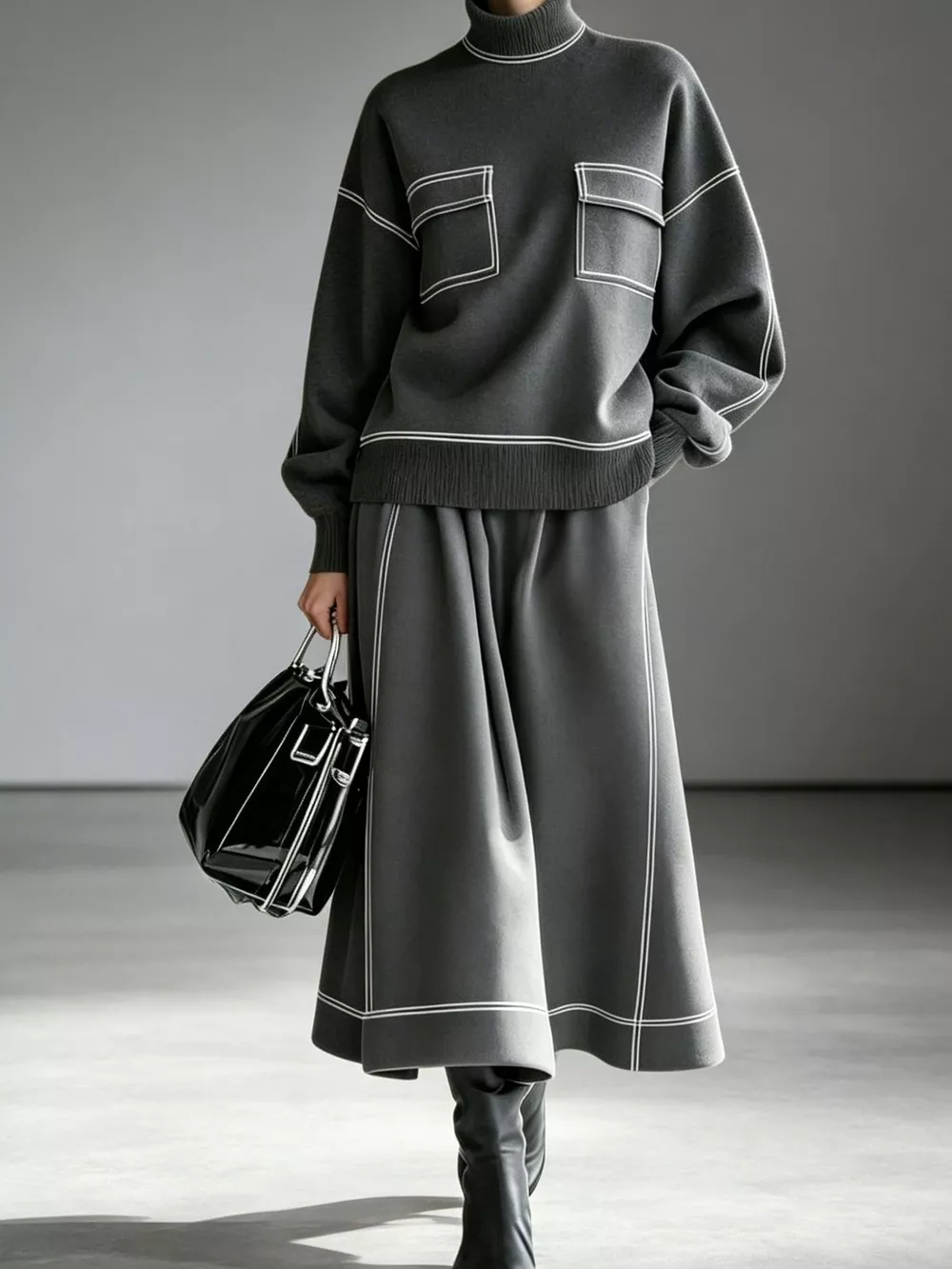 Turtleneck Knit Top and Midi Skirt Set