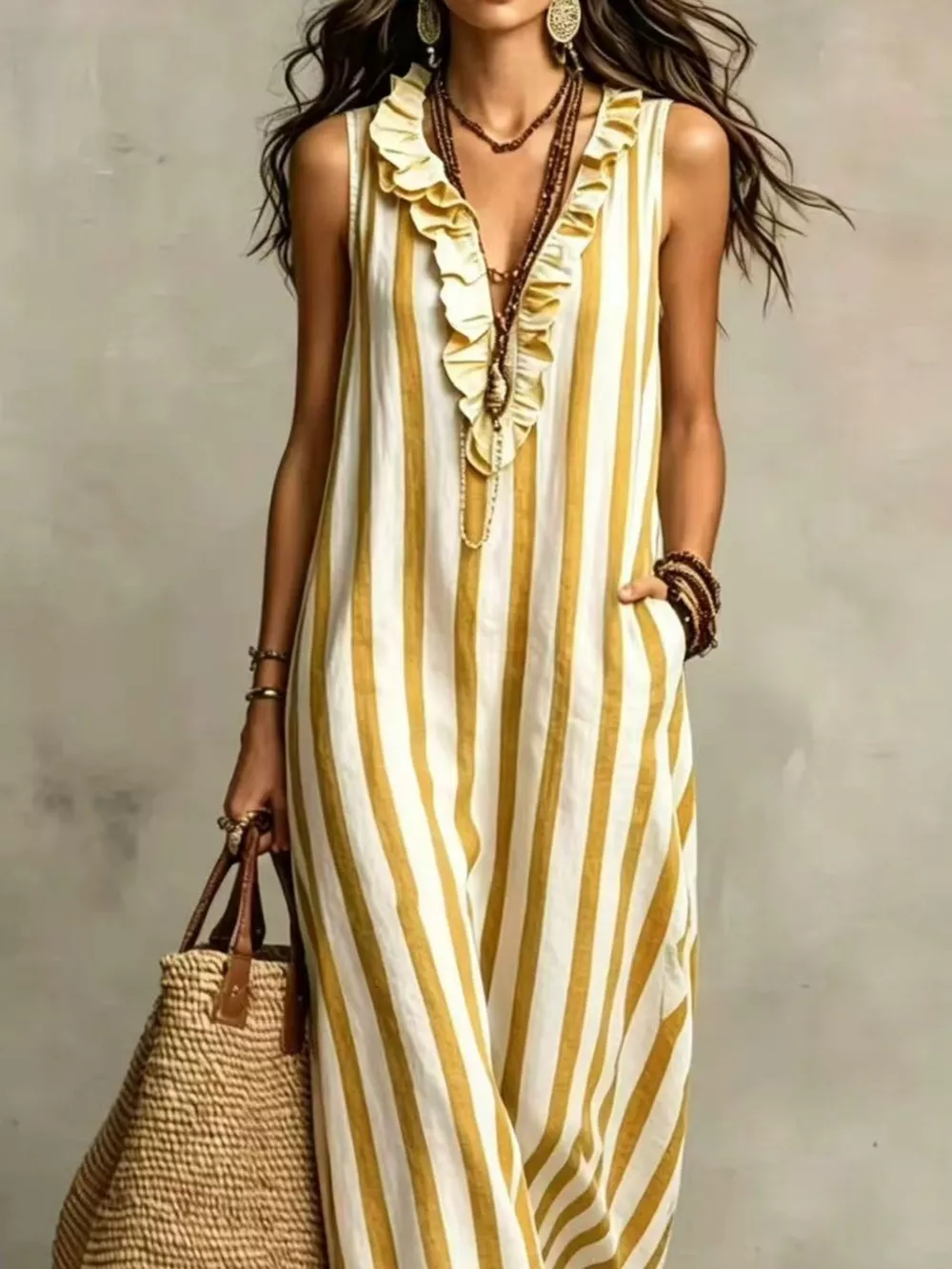 Full Size Sleeveless Striped Ruffle V-Neck Maxi Dress Plus Size, image 8