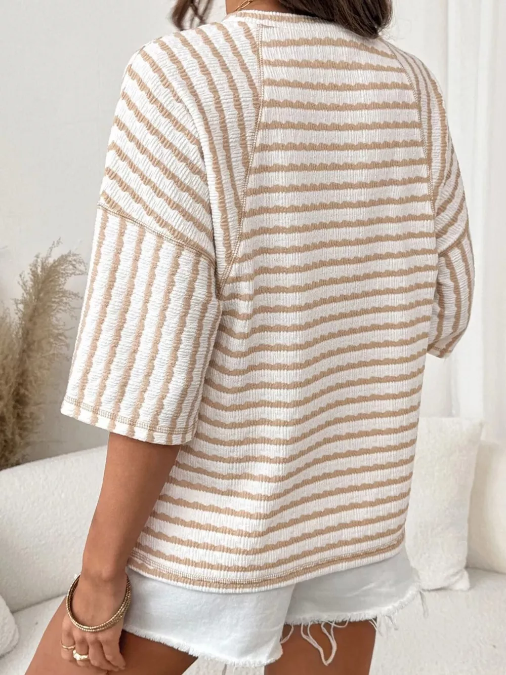 Casual Striped Raglan Sleeve Textured T-Shirt, image 12