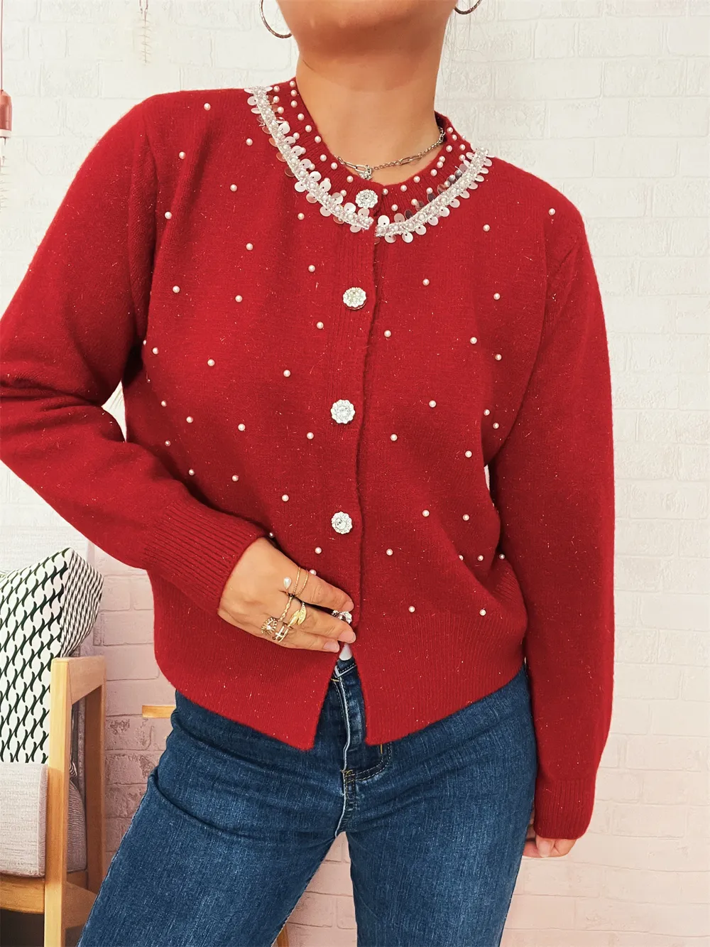 Pearl Detail Button-Front Cardigan, image 4