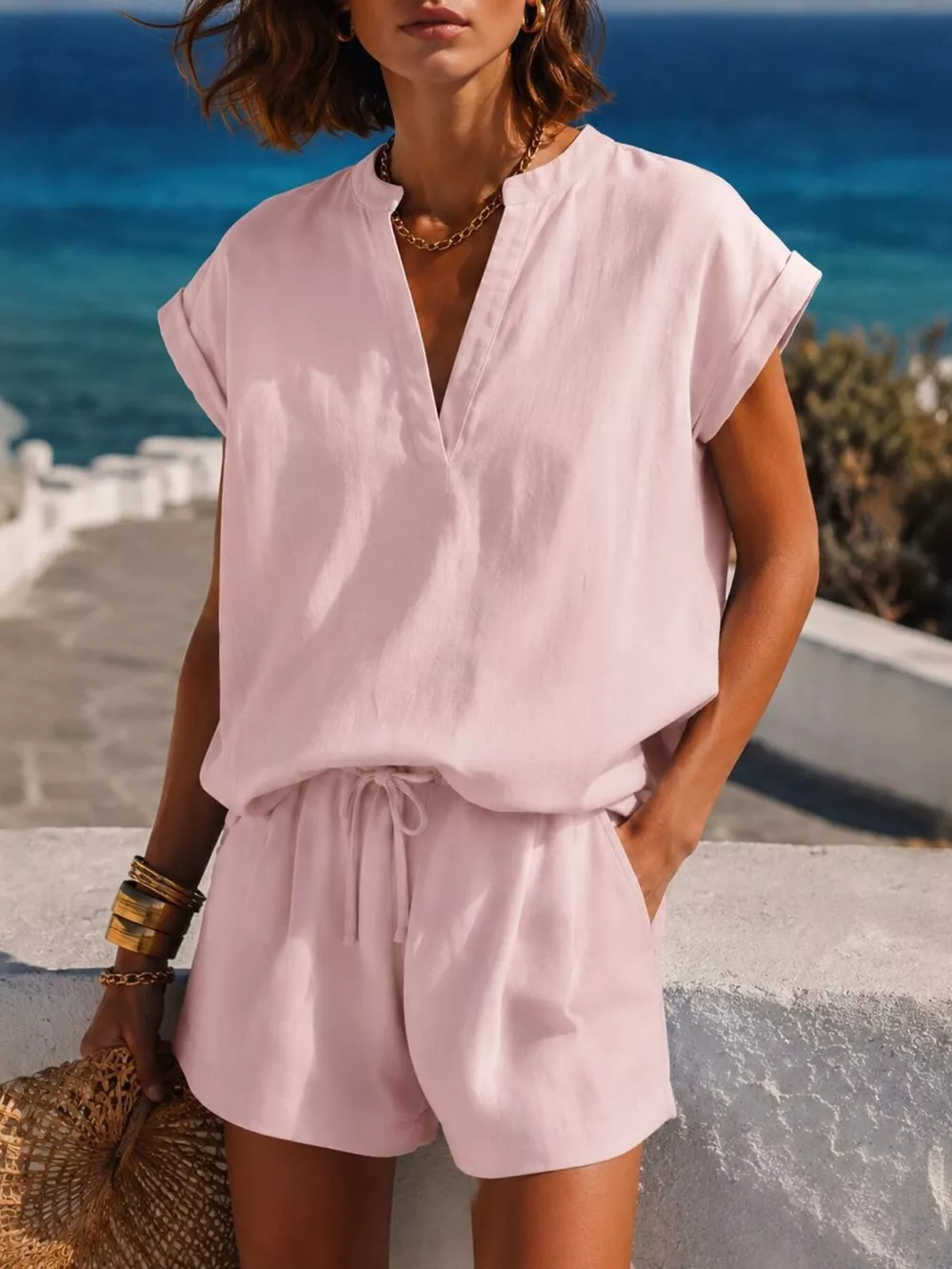Notched Short Sleeve Top and Shorts Set, image 7
