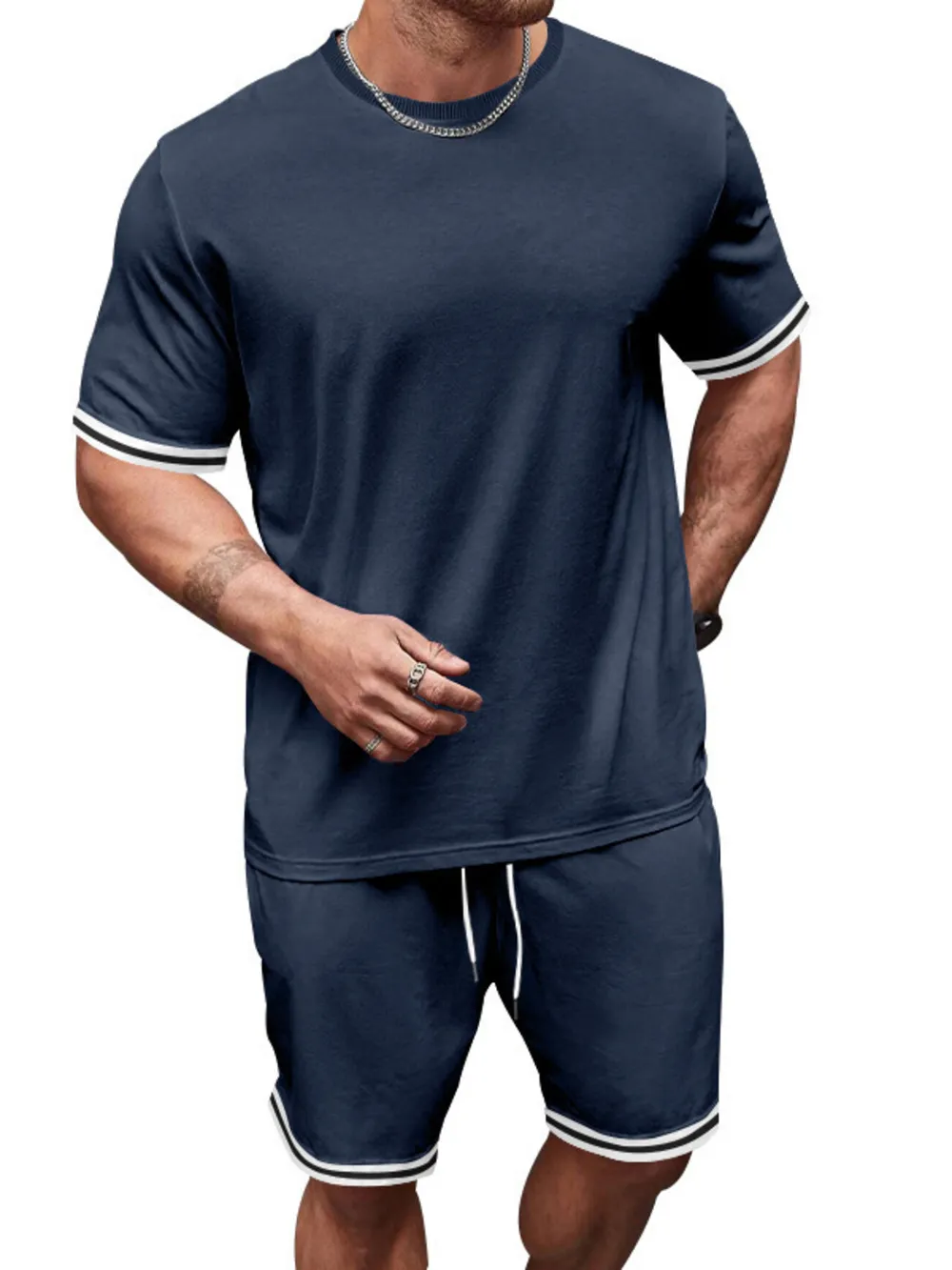Men's Full Size Striped Short Sleeve Tee and Shorts Set Plus Size, image 12