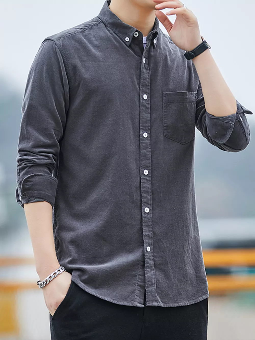 Men's Full Size Casual Corduroy Long Sleeve Shirt Plus Size, image 7