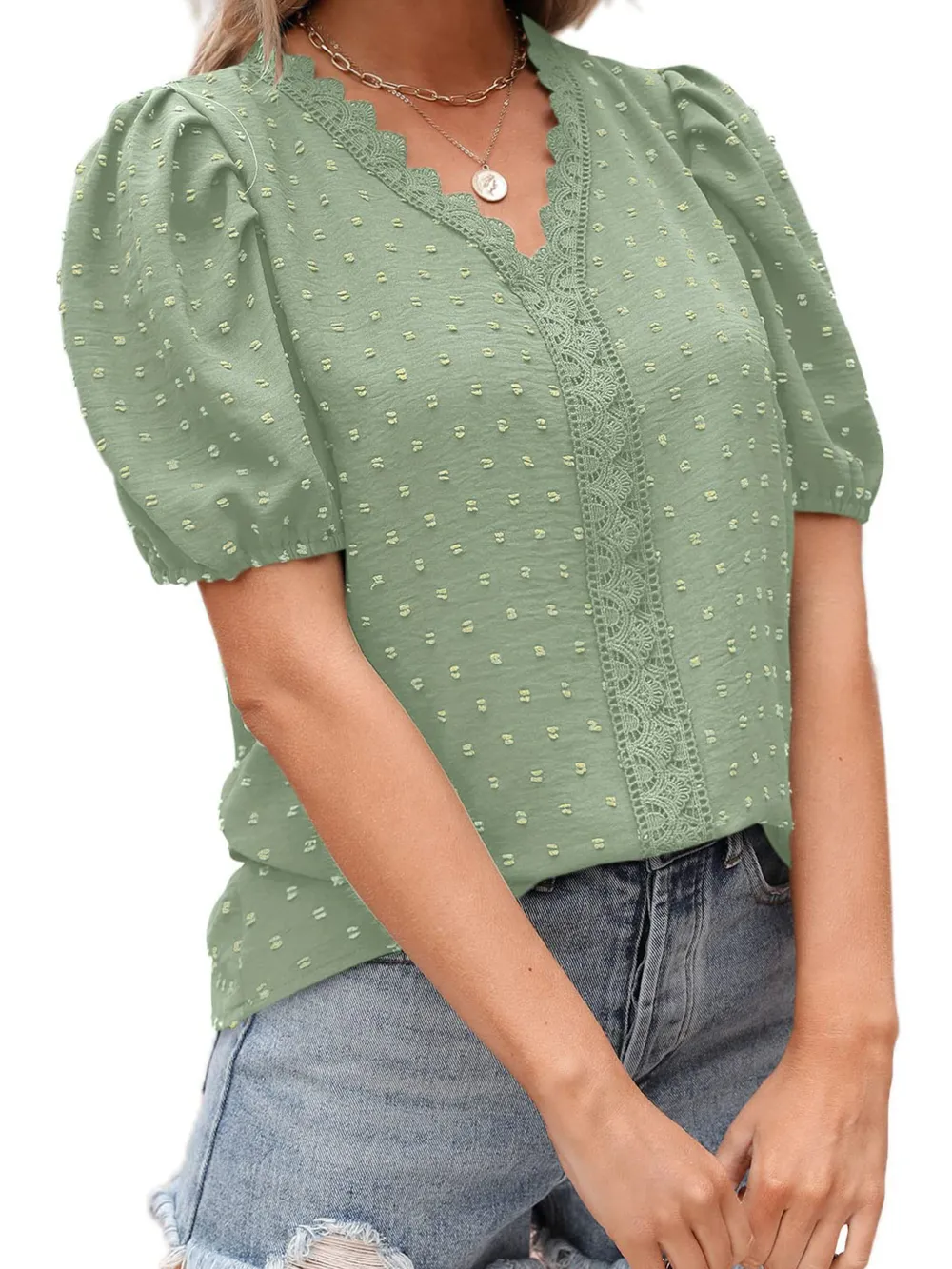 Puff Sleeve Swiss Dot Lace Trim Blouse, image 11
