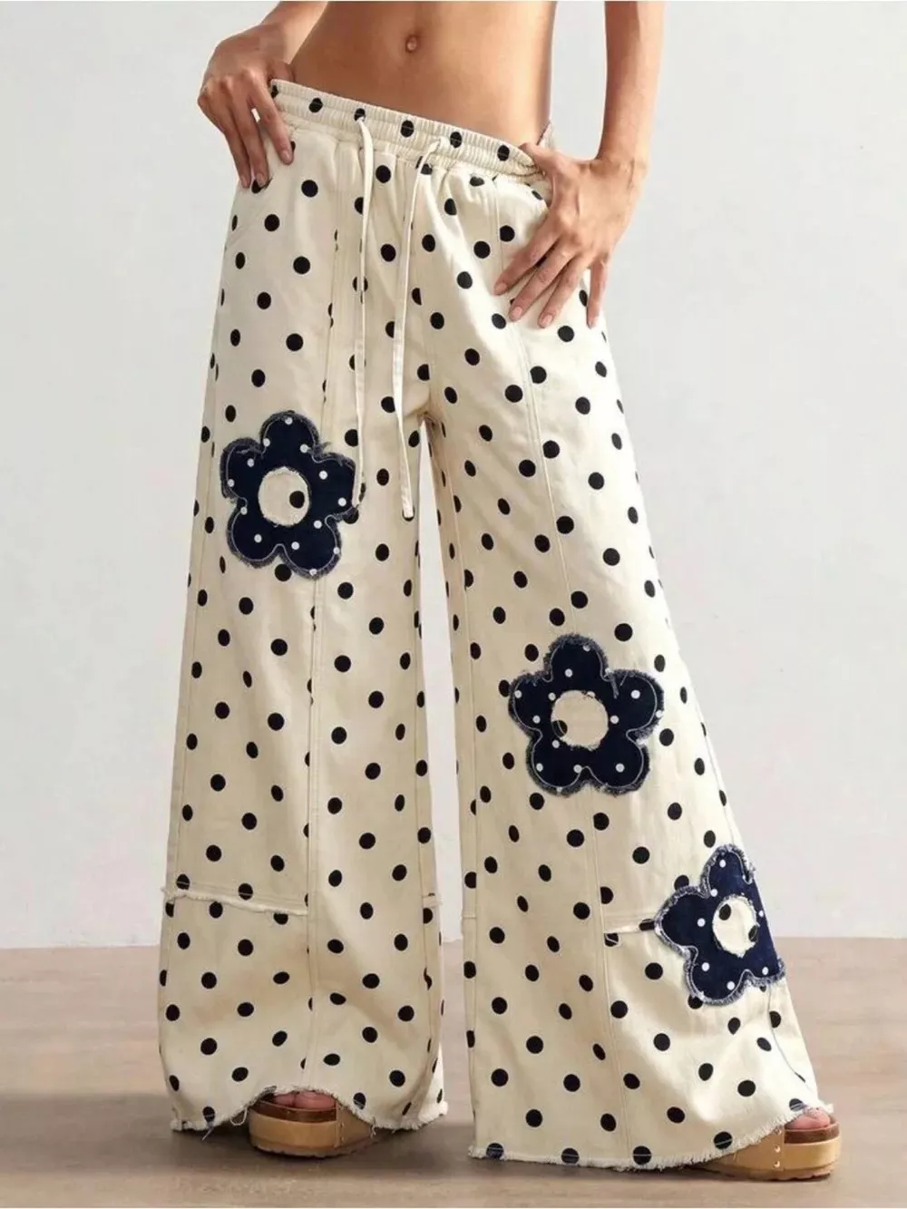 Floral Applique Polka Dot Wide-Leg Jeans, image 3